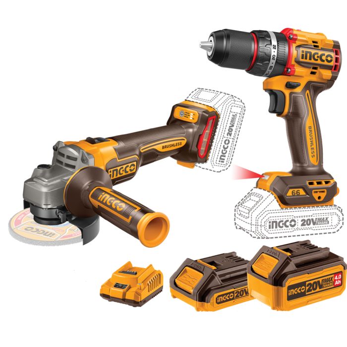 Ingco 20V Angle Grinder and Drill 2 Piece Combo Kit +2Battery and Charger