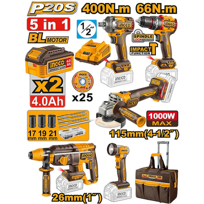 Ingco - 5 Piece Cordless Industrial Combo Kit (20V)