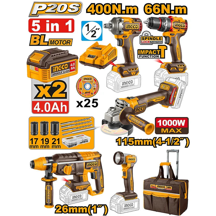 Ingco - 5 Piece Cordless Industrial Combo Kit (20V)